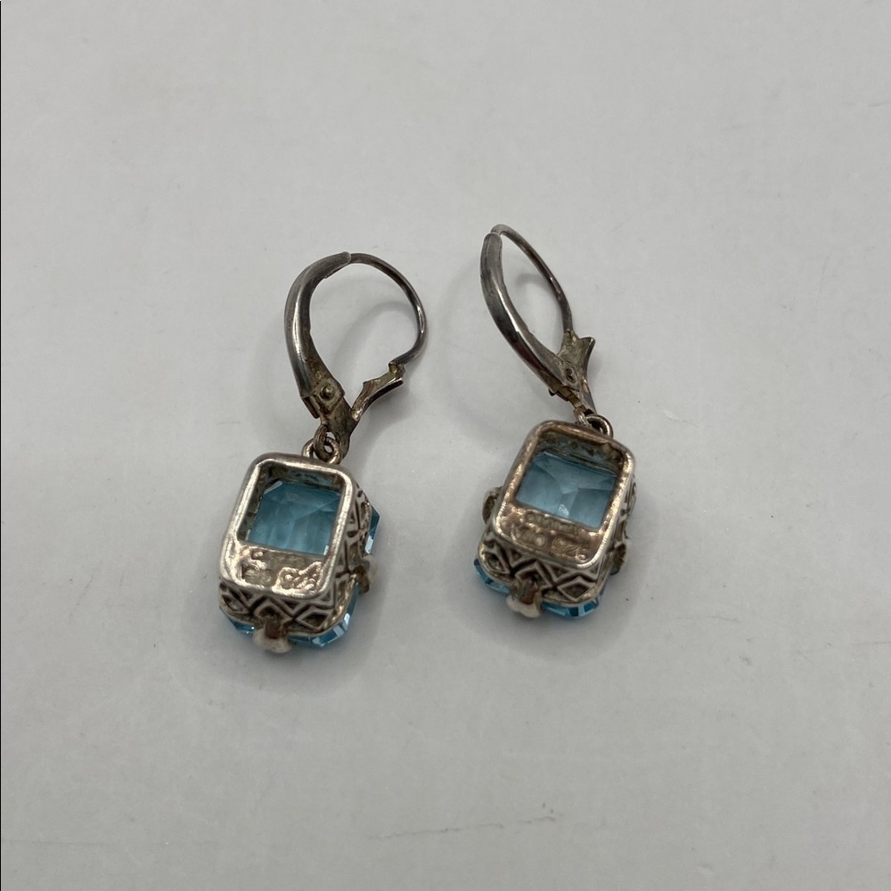 Vintage Sterling Silver 925 Blue Topaz Emerald Cut Lever Back Earrings - Picture 7 of 10